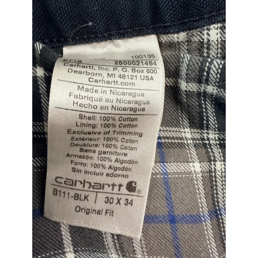 Carhartt B111-BLK Flannel Lined Black Duck Canvas Work Pants 30x34 Distress Men